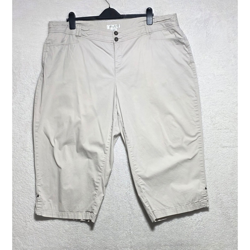 Dressbarn Women's Tan Khaki Capri Pants Plus Size 18 Stretch Ruched Hem Cropped